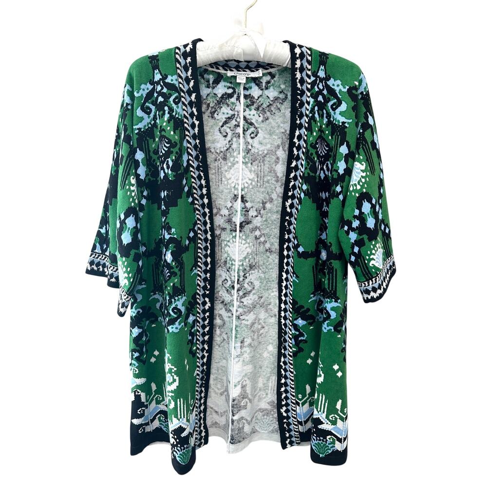 Chico’s Green Linen Cotton Open Front Duster Cardigan Boho Print Size 0 Small